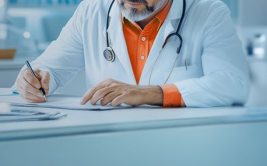 Medical professional in a white coat writing notes at a desk with a stethoscope around the neck.5