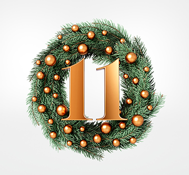 Holiday wreath with the number 11 inside of it