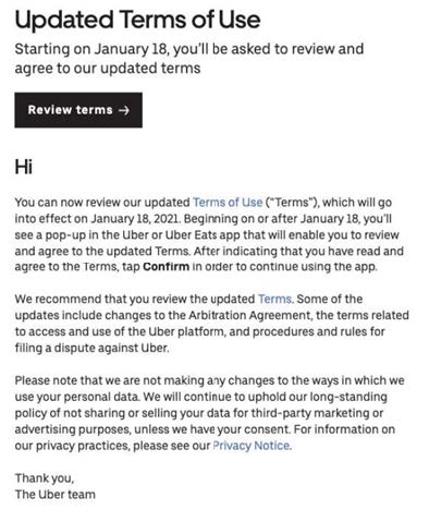Screenshot of Uber Terms of Use 